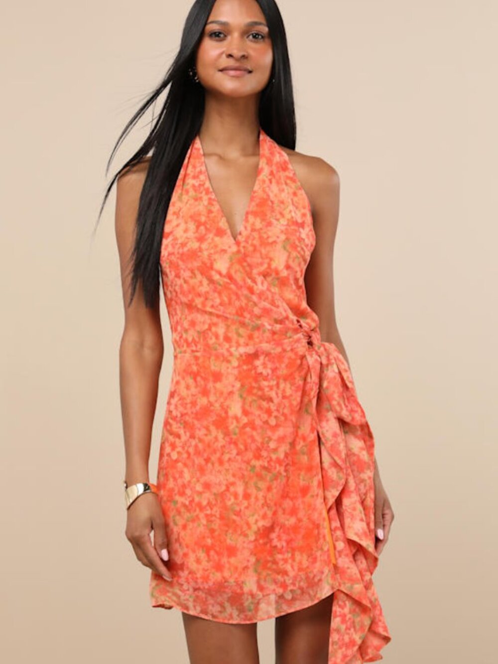 Lulus Felicita Orange Floral Halter Wrap Mini Dress - Size S